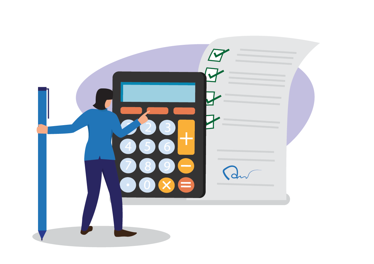 cartoon of a woman using a calculator