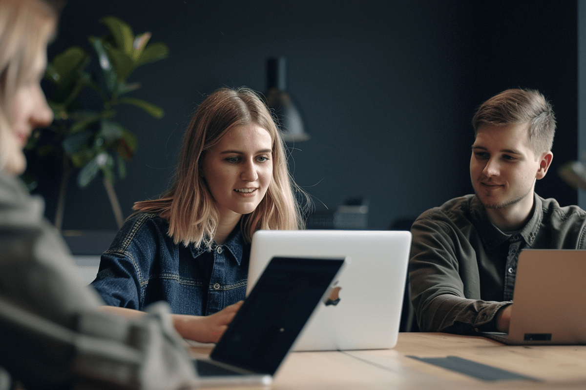 professional team in a meeting using laptops